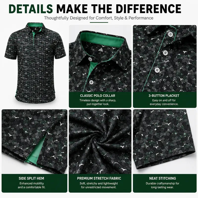 Men's Printed Golf Polo Shirt – 4-Way Stretch, Moisture-Wicking & UPF 30+ Performance Polo