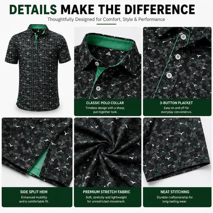 Men's Printed Golf Polo Shirt – 4-Way Stretch, Moisture-Wicking & UPF 30+ Performance Polo
