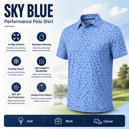 Men's Printed Golf Polo Shirt – 4-Way Stretch, Moisture-Wicking & UPF 30+ Performance Polo