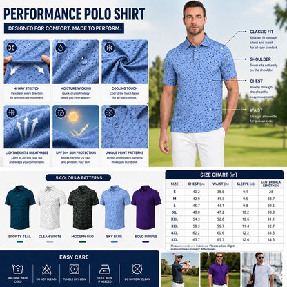 Men's Printed Golf Polo Shirt – 4-Way Stretch, Moisture-Wicking & UPF 30+ Performance Polo