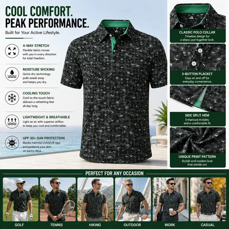 Men's Printed Golf Polo Shirt – 4-Way Stretch, Moisture-Wicking & UPF 30+ Performance Polo