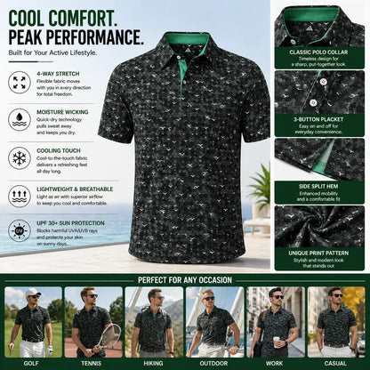 Men's Printed Golf Polo Shirt – 4-Way Stretch, Moisture-Wicking & UPF 30+ Performance Polo