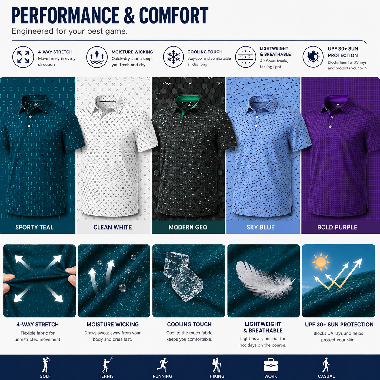 Men's Printed Golf Polo Shirt – 4-Way Stretch, Moisture-Wicking & UPF 30+ Performance Polo