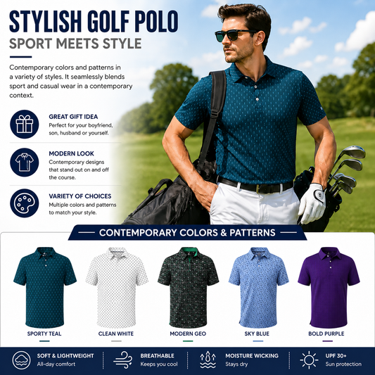 Men's Printed Golf Polo Shirt – 4-Way Stretch, Moisture-Wicking & UPF 30+ Performance Polo