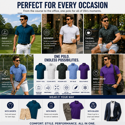 Men's Printed Golf Polo Shirt – 4-Way Stretch, Moisture-Wicking & UPF 30+ Performance Polo
