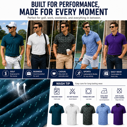 Men's Printed Golf Polo Shirt – 4-Way Stretch, Moisture-Wicking & UPF 30+ Performance Polo