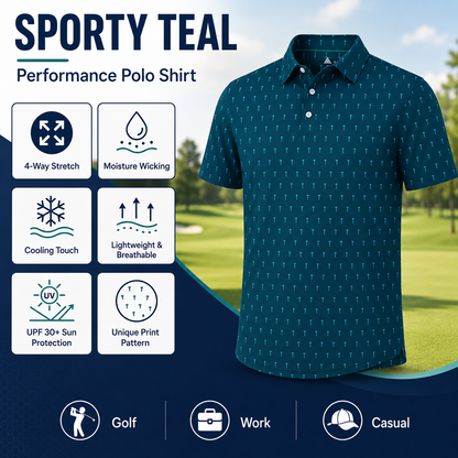 Men's Printed Golf Polo Shirt – 4-Way Stretch, Moisture-Wicking & UPF 30+ Performance Polo