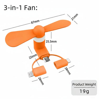 3-in-1 Mini Plug-in Phone Fan-Lightning, Type-C & Micro USB