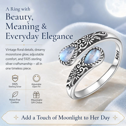 ✨ Adjustable Moonstone Ring – Vintage Floral Open Band, Soft Glow for Everyday Wear