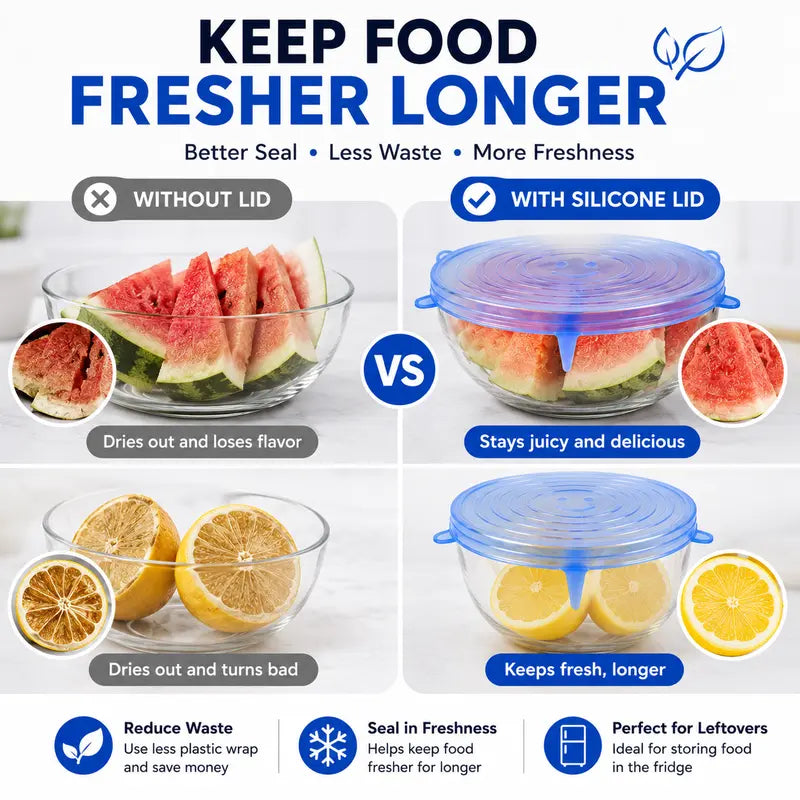 🥗 6-Pack Silicone Stretch Lids – Reusable, BPA-Free & Leak-Proof Covers for Bowls, Pots, Cups & Fruits