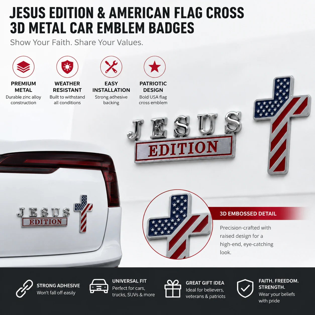 Blessed Jesus Edition Cross Emblem – Premium Metal Badge for Vehicle, Bible Study & Faith Collection (2 Pack)📖🕊️
