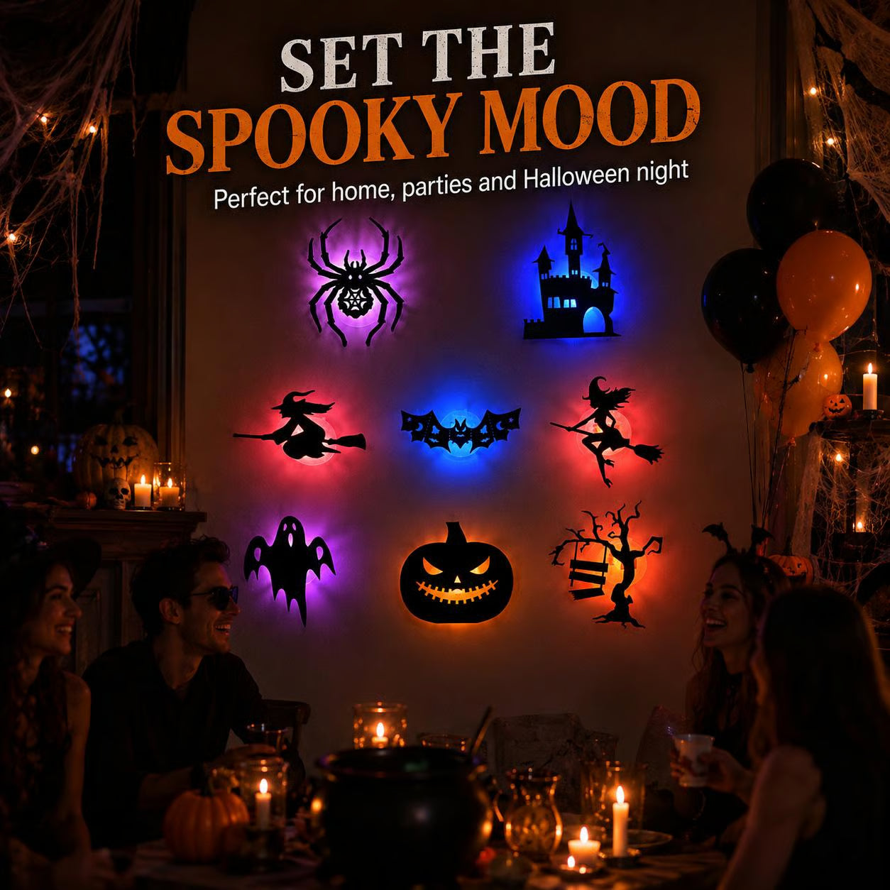 Halloween LED Silhouette Wall Light Stickers, Battery Powered Peel & Stick Decor Lights