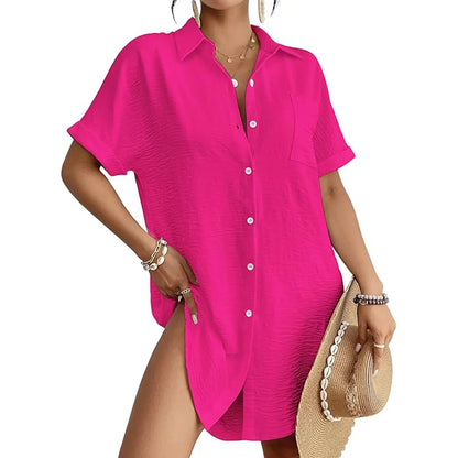 🌊☀️Women’s Button-Down Swimsuit Cover-Up – Beach Vacation Shirt Dress, Lightweight & Breezy