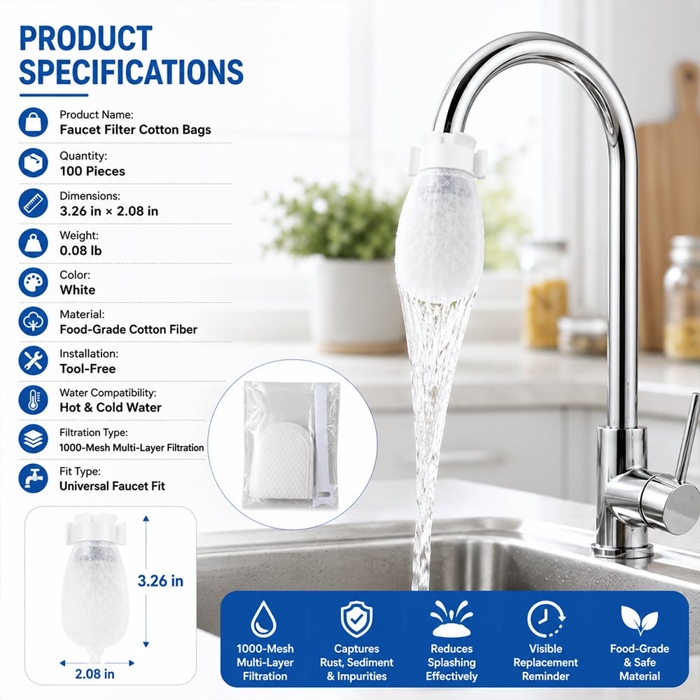 Faucet Filter Cotton Bags — 1000-Mesh Filtration, Universal Fit, Splash-Proof (100 PCS)