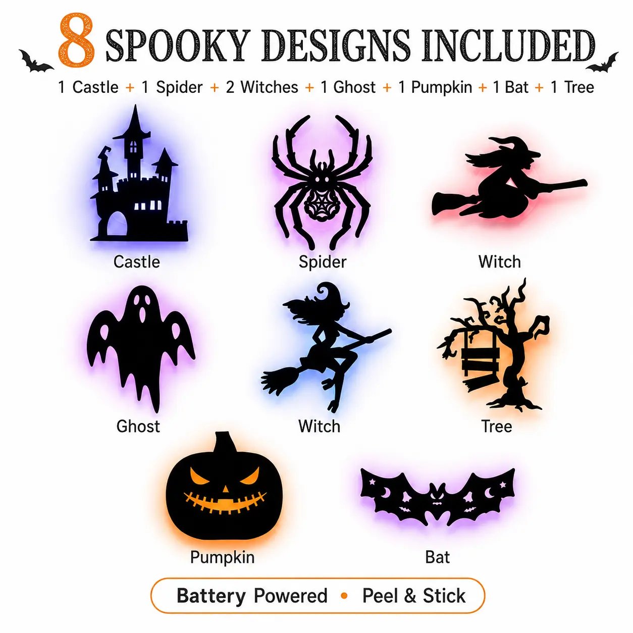 Halloween LED Silhouette Wall Light Stickers, Battery Powered Peel & Stick Decor Lights