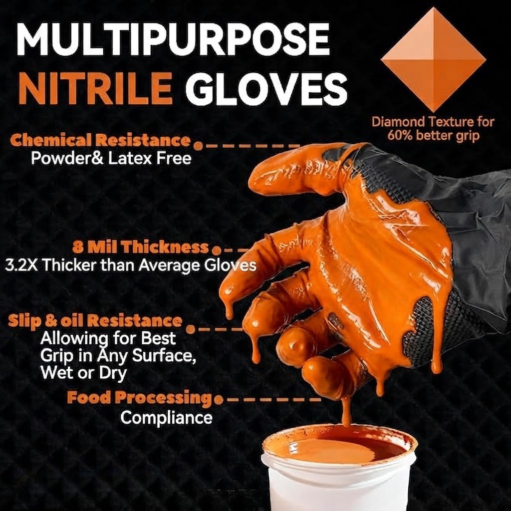 🧤🛡️Diamond-Textured 8Mil Nitrile Gloves – Heavy-Duty Grip, Food-Safe, 100Pcs