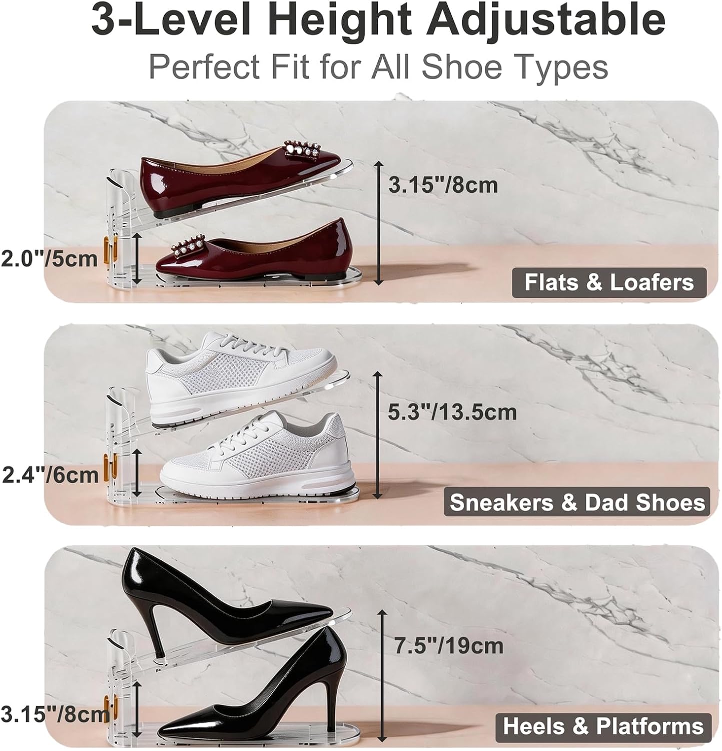 Shoe Organizer for Closet – 2 Pack Stackable Rack with Height Adjustment