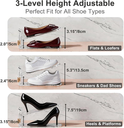 Shoe Organizer for Closet – 2 Pack Stackable Rack with Height Adjustment