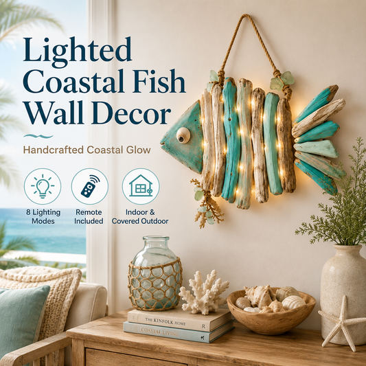 🌊 Lighted Coastal Fish Wall Decor | Driftwood LED Art with Remote & 8 Modes