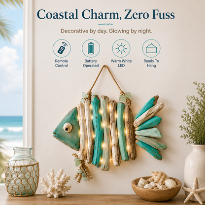 🌊 Lighted Coastal Fish Wall Decor | Driftwood LED Art with Remote & 8 Modes