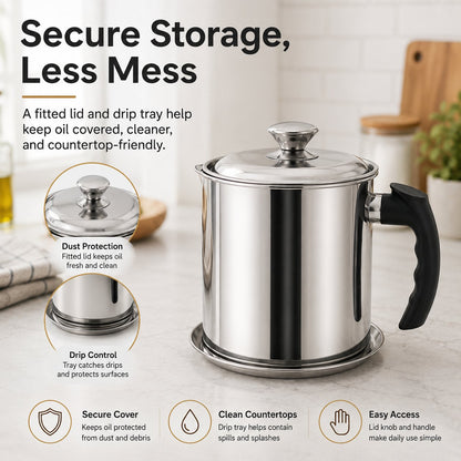 Kitchen Oil Dispenser with Tray & Lid,Stainless Steel Oil Pot with Filter