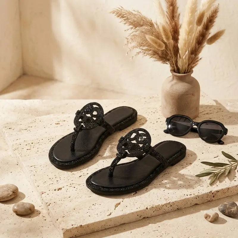 ✨ Sparkle Flat Sandals for Women – Gold Open-Toe Rhinestone Design, Comfortable Summer Slides