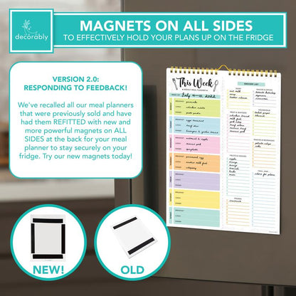 Undated Weekly Meal Planner Pad – 60 Sheets, Strong Magnets & Grocery List | 8.5x11 Fridge Notepad