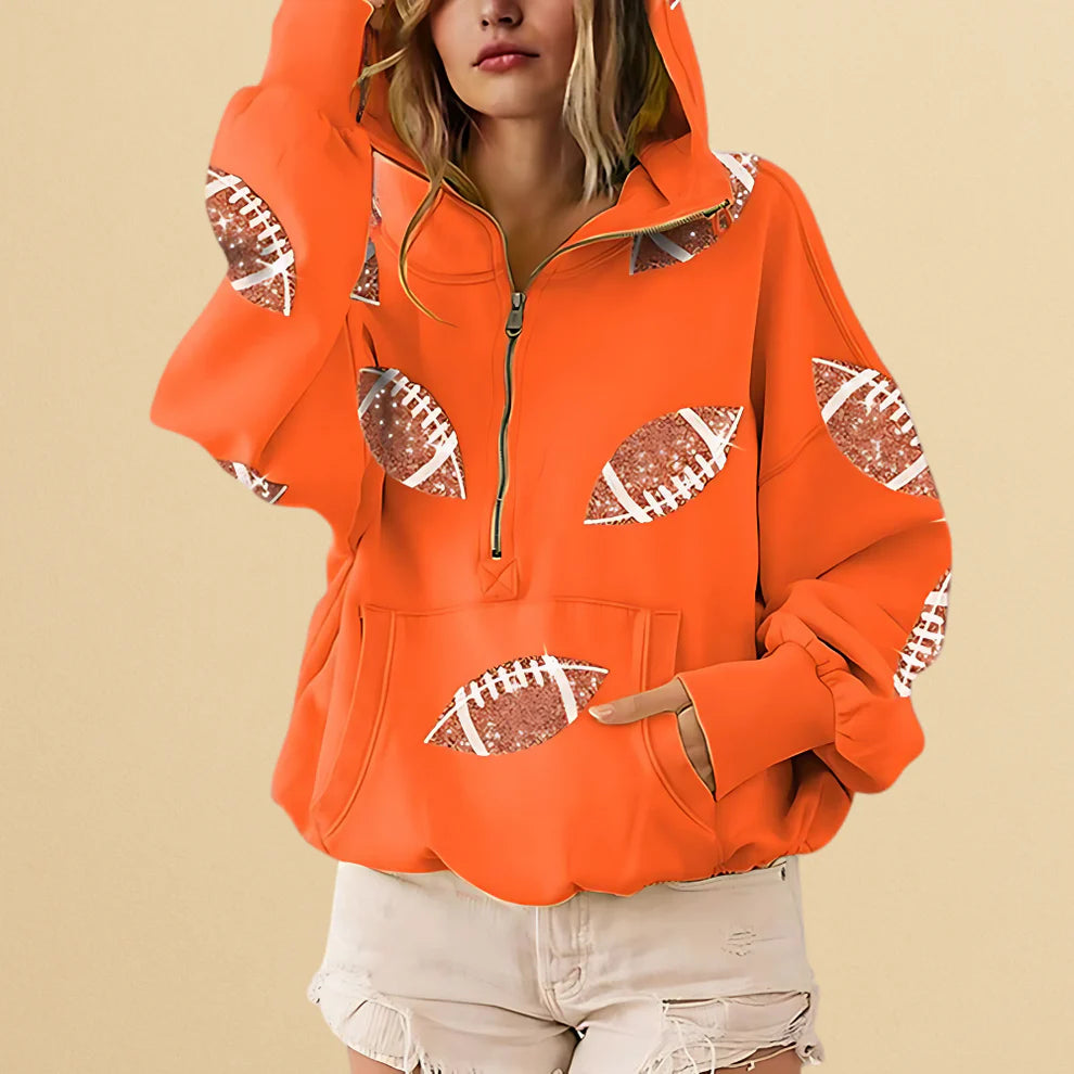 🏈 Game Day Glow – Women's Oversized Half-Zip Hoodie with Sequin Football Print, Kangaroo Pocket & Casual Longsleeve Style 💥