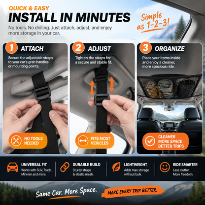 🚗 Hidden Roof Cargo Net – Car Ceiling Storage Organizer, Space-Saving for Travel & Camping