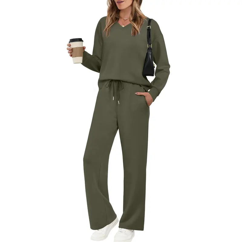 🌸 Effortless V-Neck Lounge Set – Wide Leg, Soft & Stylish