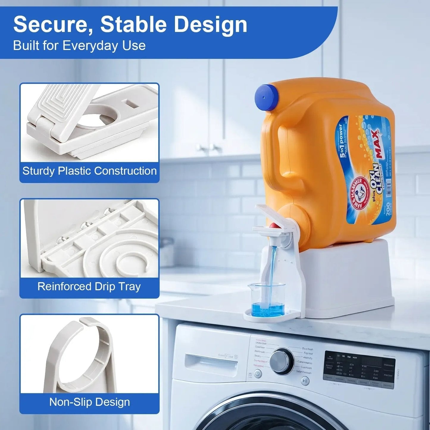 Laundry Detergent Dispenser Cup Holder | No-Drip, Easy Press, Built-In Tray
