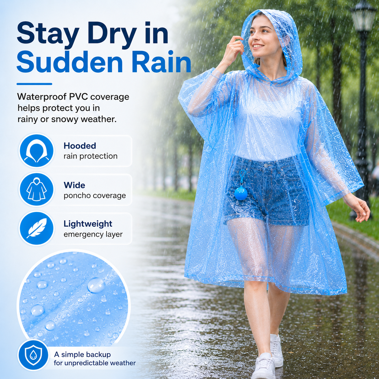 Portable Hooded Rain Poncho – Waterproof Tear-Resistant Emergency Raincoat with Keychain Case