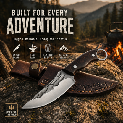 🏕️ Outdoor Fixed-Blade Camping Knife with Leather Sheath