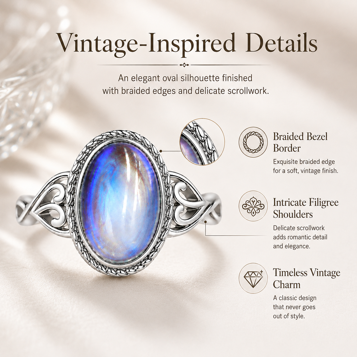 Vintage Rainbow Moonstone Ring – Oval Cabochon Filigree Jewelry for Women