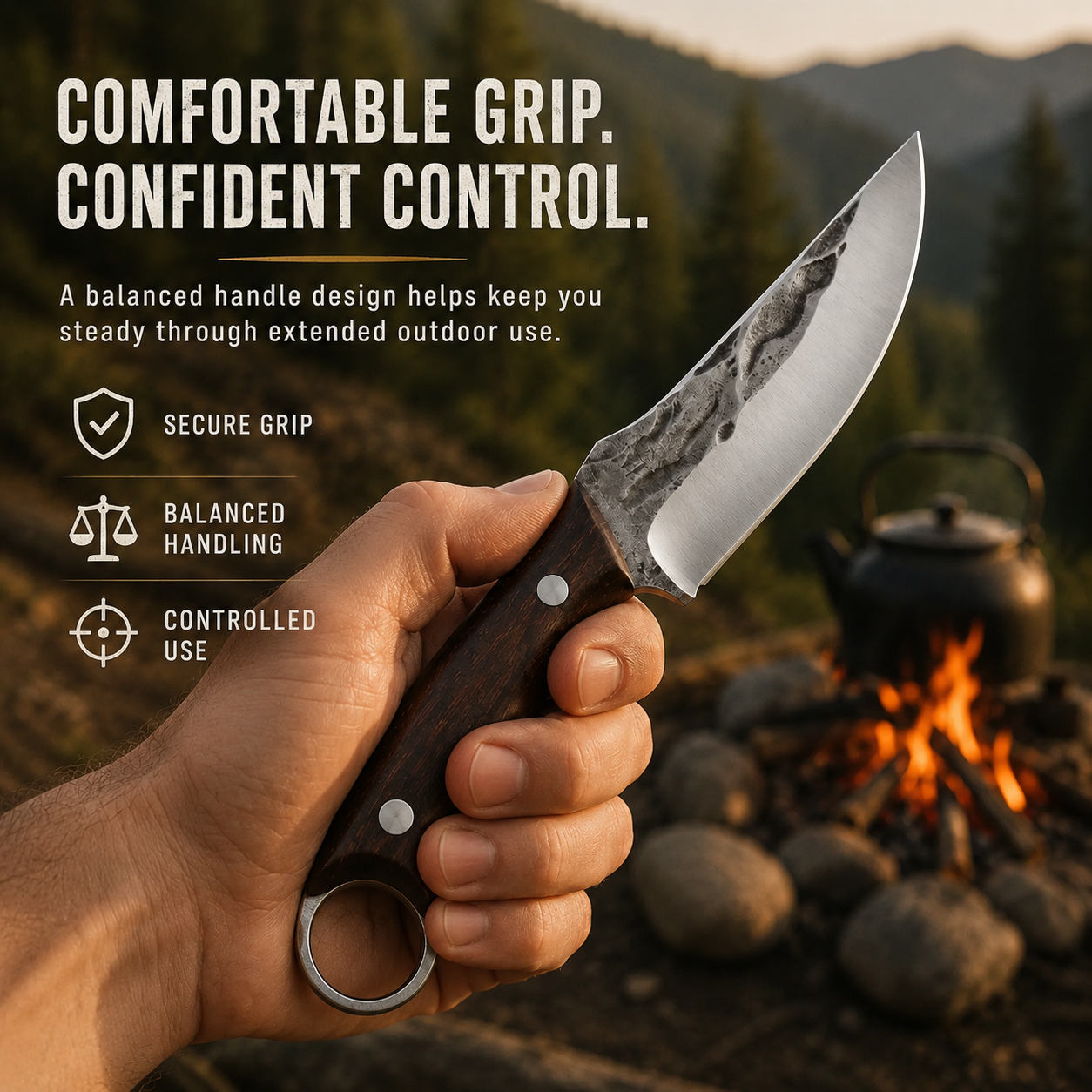 🏕️ Outdoor Fixed-Blade Camping Knife with Leather Sheath