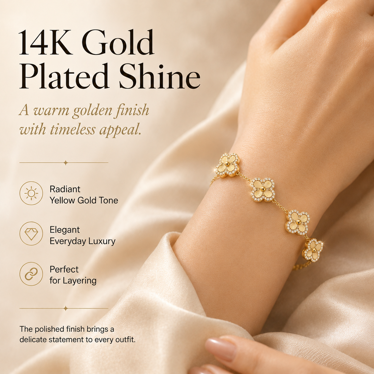 14K Gold-Plated Four-Leaf Clover Bracelet – Lucky Charm Jewelry for Women