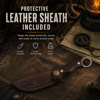 🏕️ Outdoor Fixed-Blade Camping Knife with Leather Sheath