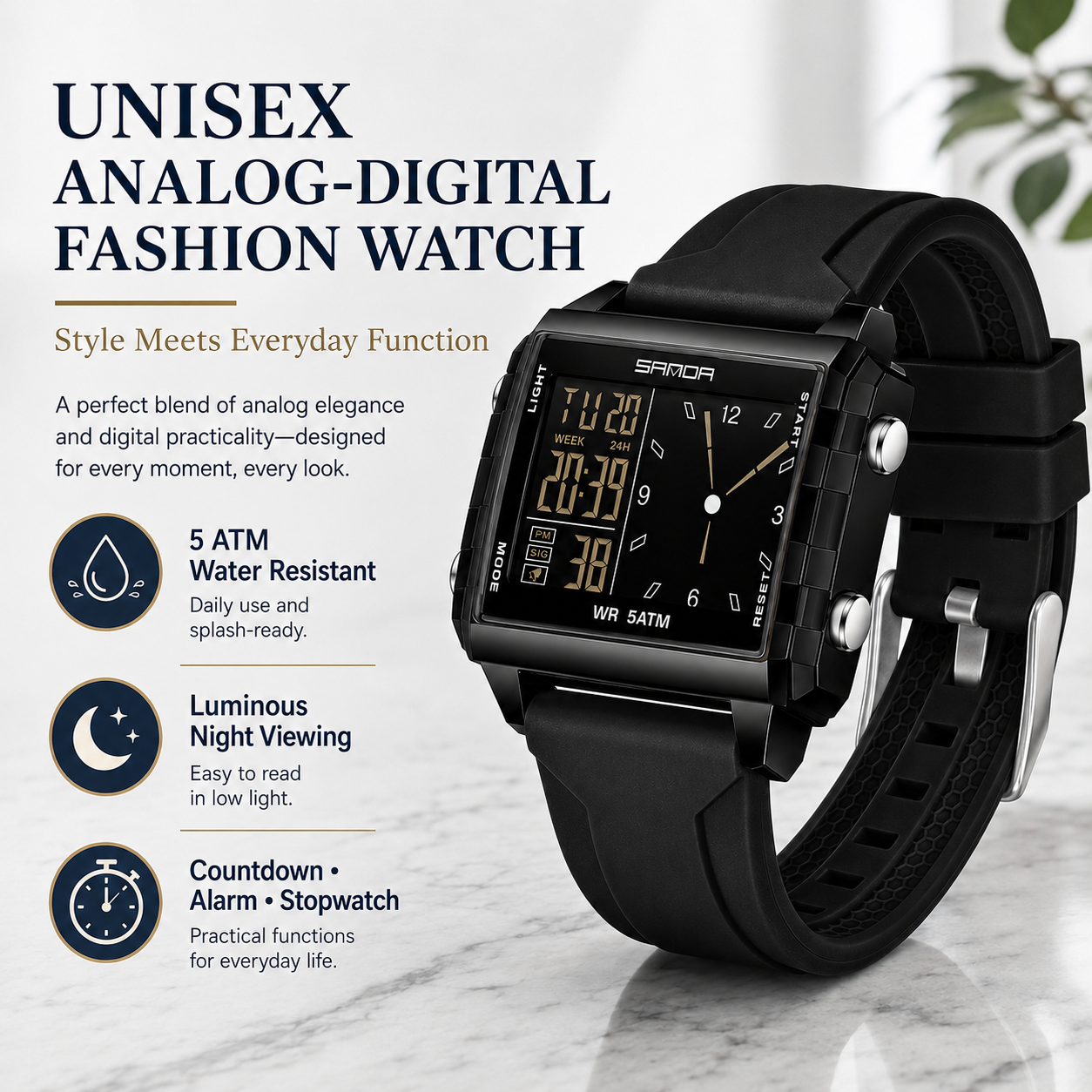 Analog-Digital Sport Watch – Waterproof, Luminous & Multi-Function