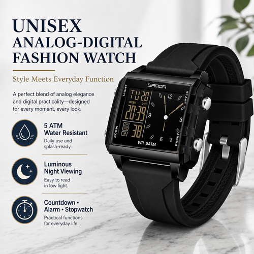 Analog-Digital Sport Watch – Waterproof, Luminous & Multi-Function