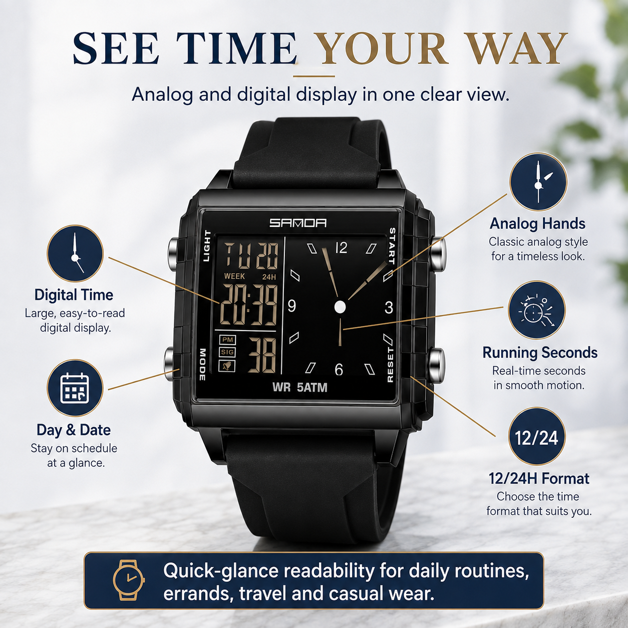 Analog-Digital Sport Watch – Waterproof, Luminous & Multi-Function