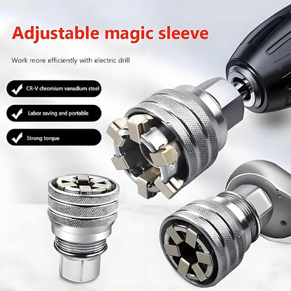 Adjustable magic sleeve with drill and ratchet use