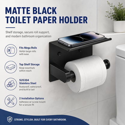 Rustproof Toilet Paper Holder with Shelf – Space-Saving Wall Mount