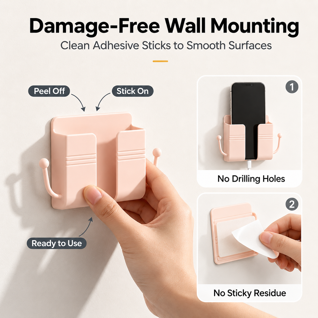 Wall-Mounted Phone Holder – Self-Adhesive Charging & Storage Organizer