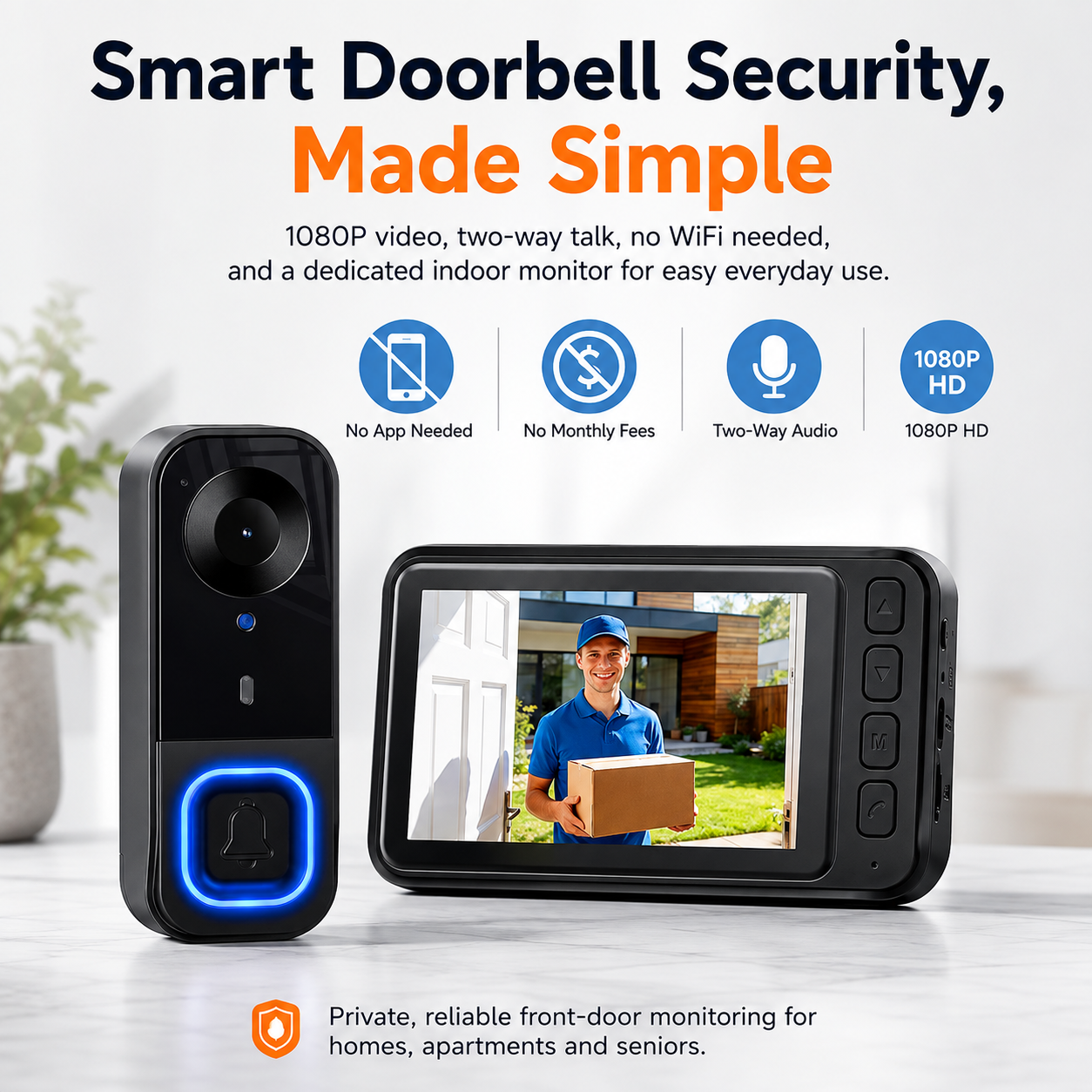 1080P Wireless Video Doorbell Camera with 4.3" Monitor – No WiFi, No App, No Subscription