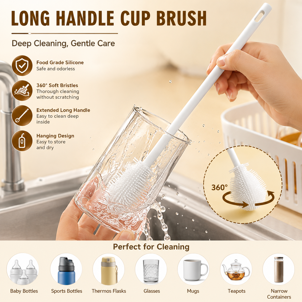 360° Silicone Bottle Cleaning Brush – Long Handle Soft Bristle Cleaner for Bottles, Cups & Narrow Containers