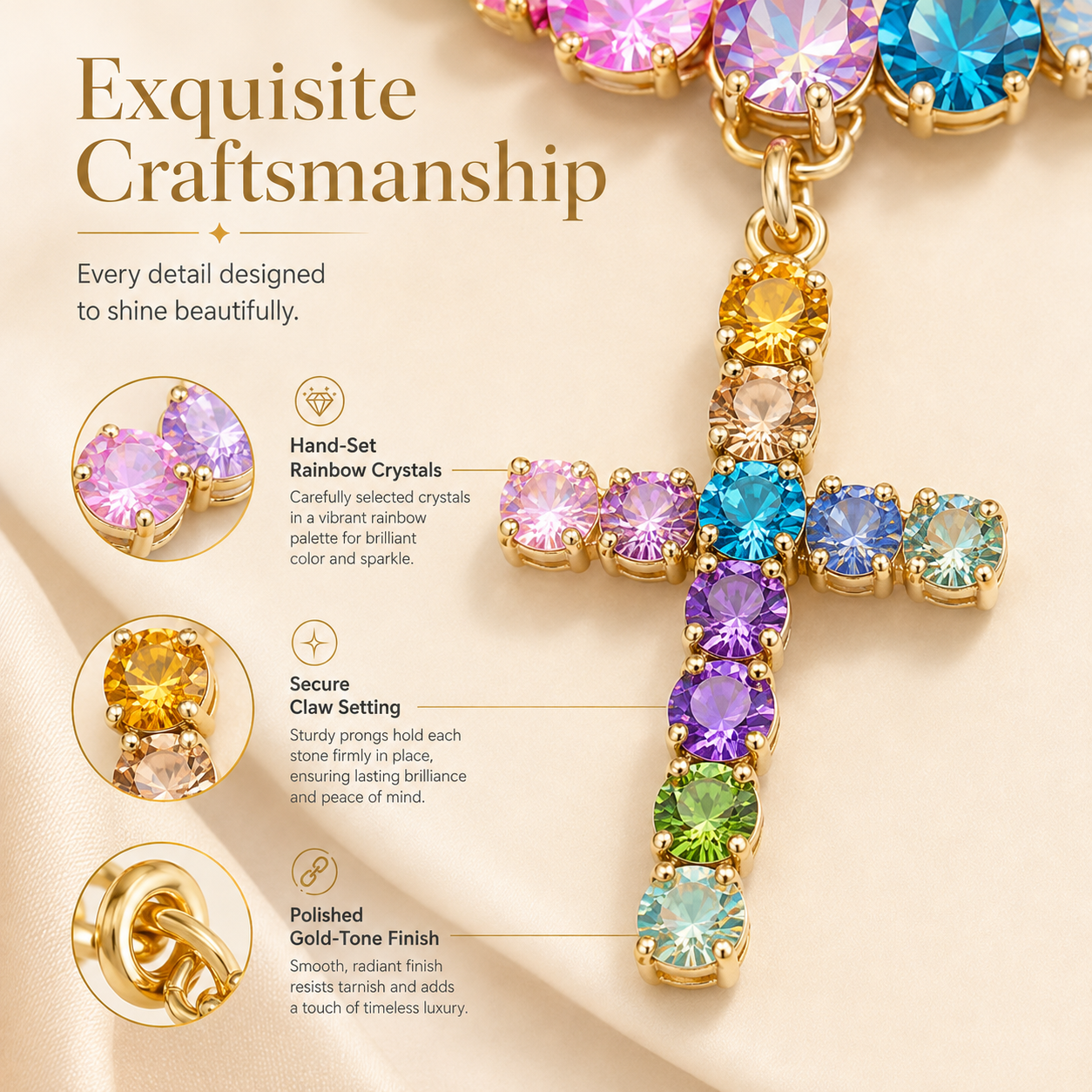 Colorful Zircon Layered Cross Necklace – Trendy Tassel Pendant Jewelry for Women