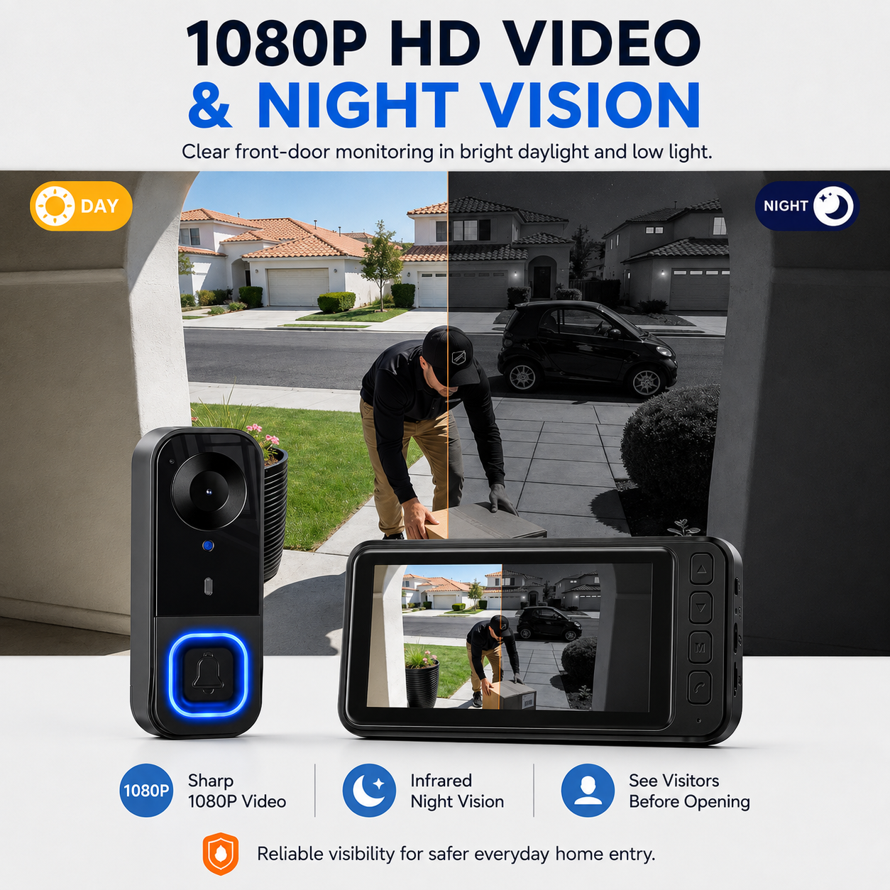 1080P Wireless Video Doorbell Camera with 4.3" Monitor – No WiFi, No App, No Subscription