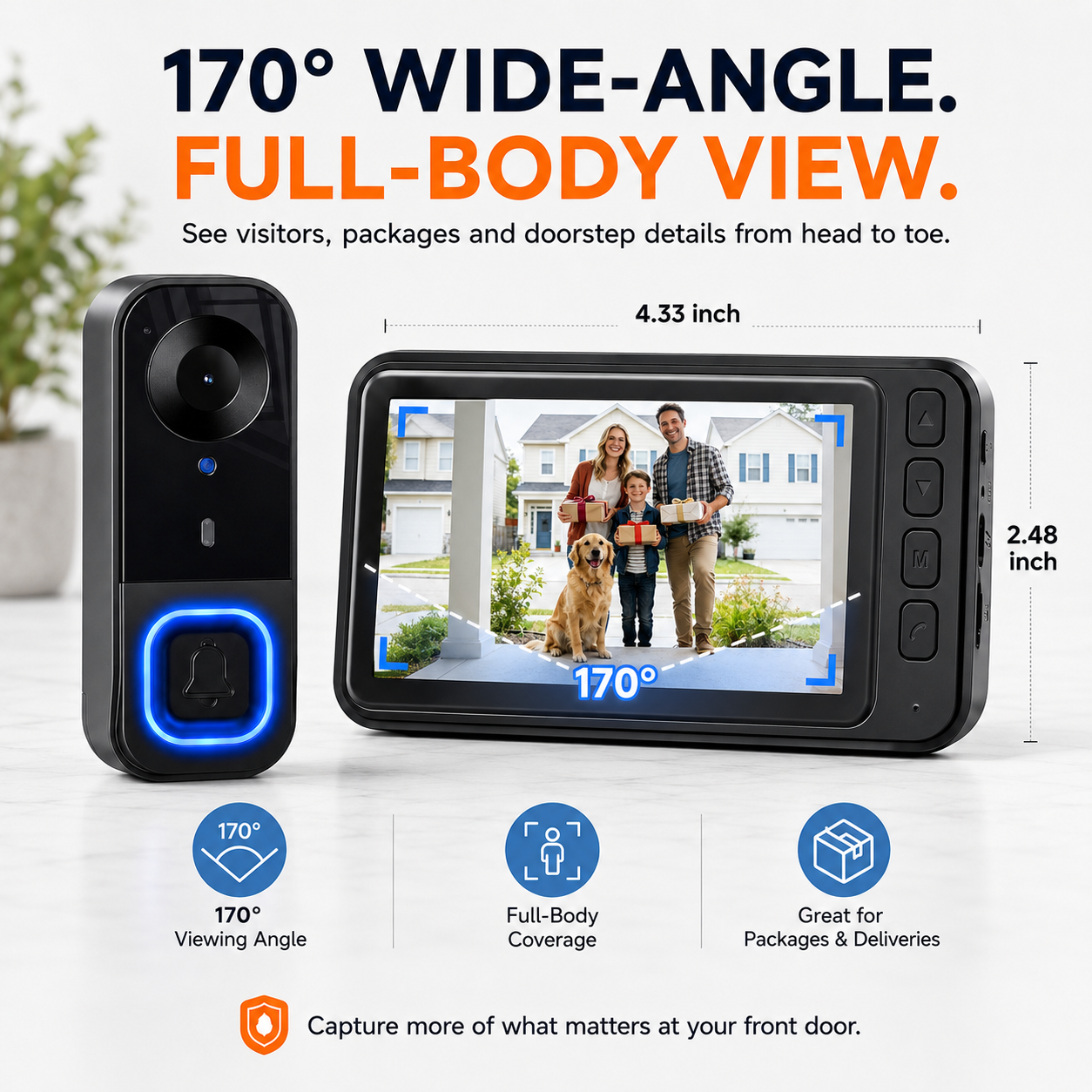 1080P Wireless Video Doorbell Camera with 4.3" Monitor – No WiFi, No App, No Subscription