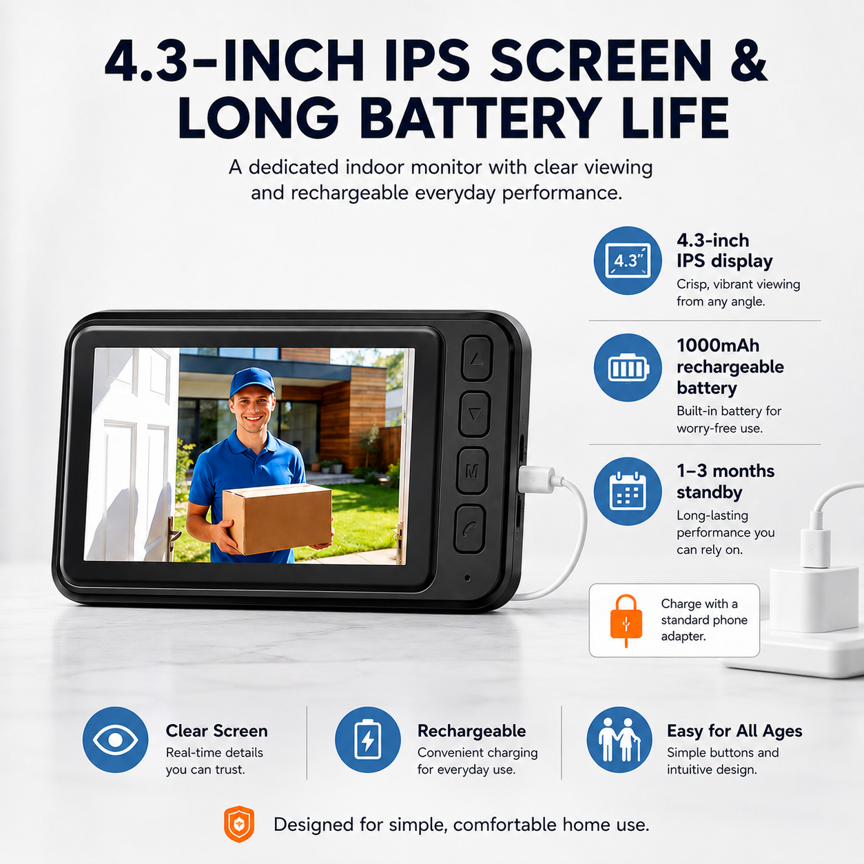 1080P Wireless Video Doorbell Camera with 4.3" Monitor – No WiFi, No App, No Subscription