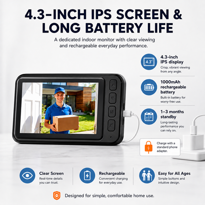 1080P Wireless Video Doorbell Camera with 4.3" Monitor – No WiFi, No App, No Subscription